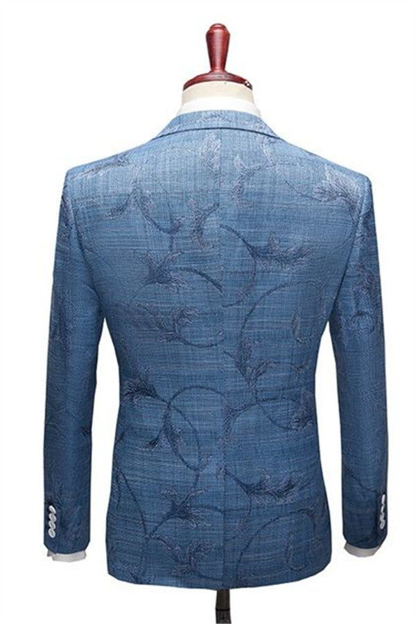 Ocean Blue Wood Men's Business Suitss Online Notched Lapel Print Tuxedo-showprettydress