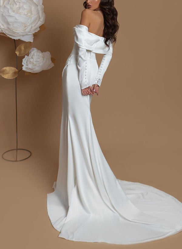 Off-Shoulder Long Sleeves Sweep Train Wedding Dresses-Showprettydress