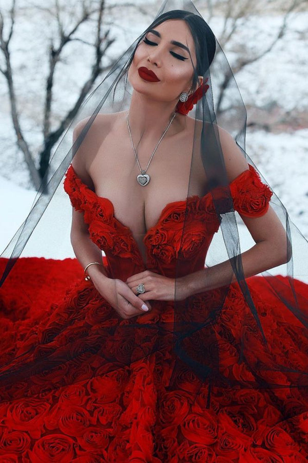 Off-the-Shoulder 3D Floral Printed Ball Gown for Girl Evening Party Dresses-showprettydress