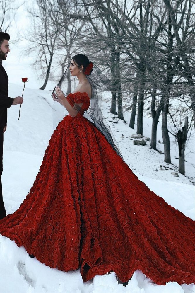 Off-the-Shoulder 3D Floral Printed Ball Gown for Girl Evening Party Dresses-showprettydress