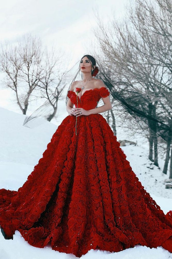 Off-the-Shoulder 3D Floral Printed Ball Gown for Girl Evening Party Dresses-showprettydress