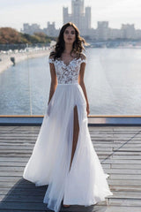 Off The Shoulder Appliques A line Wedding Dresses Side Split Tulle Bridal Gowns-showprettydress