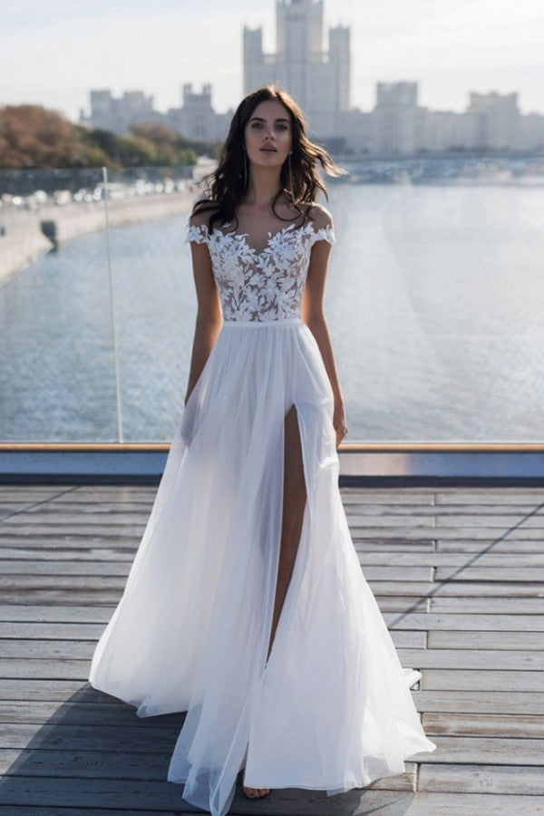 Off The Shoulder Appliques A line Wedding Dresses Side Split Tulle Bridal Gowns-showprettydress