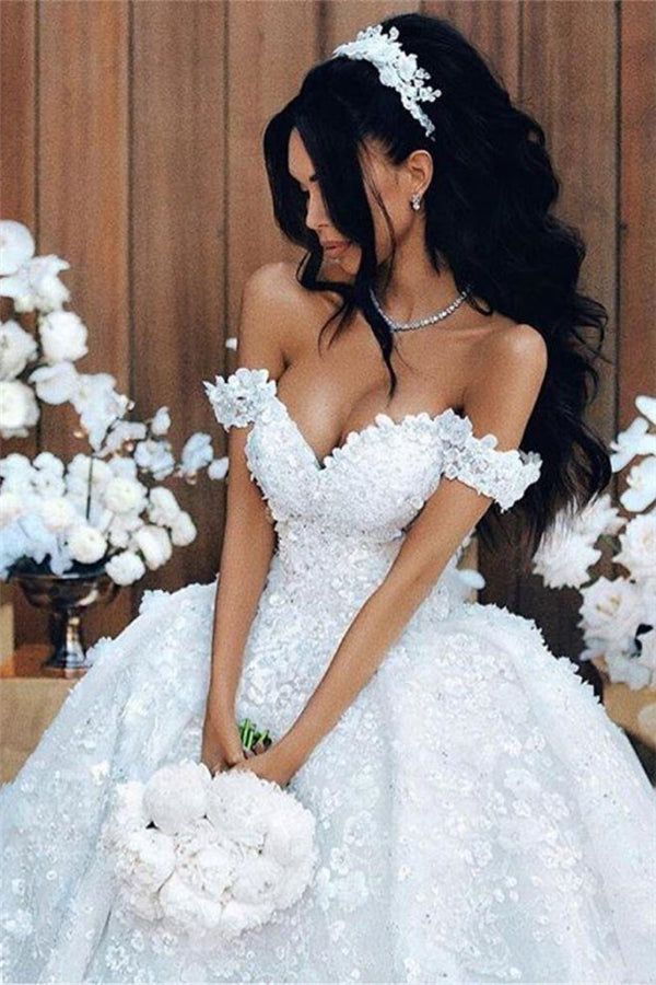 Off The Shoulder Appliques Luxurious Wedding Dresses Princess Ball Gown Modern Bride Dress-showprettydress