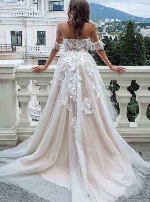 Off The Shoulder Appliques Wedding Dresses A line Tulle Bridal Gowns-showprettydress