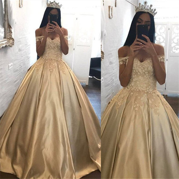 Off-the-Shoulder Champagne Gold Ball Gown Evening Dress Appliques Quinceanera Dresses-showprettydress