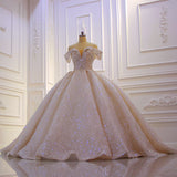 Off the shoulder Champange Puffy ball Gown Sparkle Wedding Dress-showprettydress