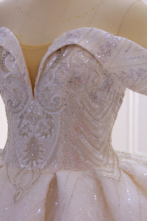 Off the shoulder Champange Puffy ball Gown Sparkle Wedding Dress-showprettydress