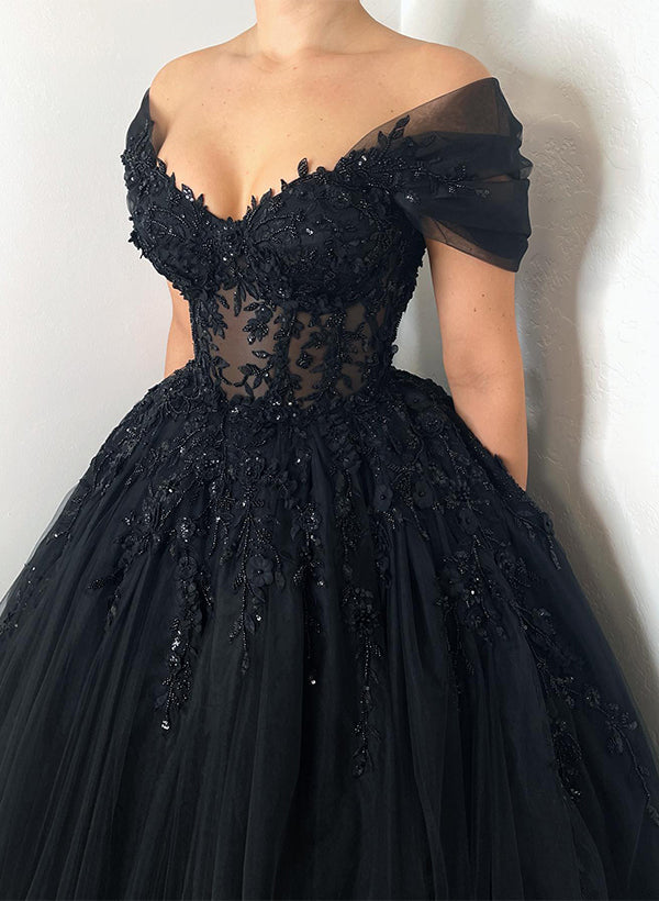 Off-The-Shoulder Chic A-line Wedding Dress Short Sleeves in Lace Tulle-Showprettydress