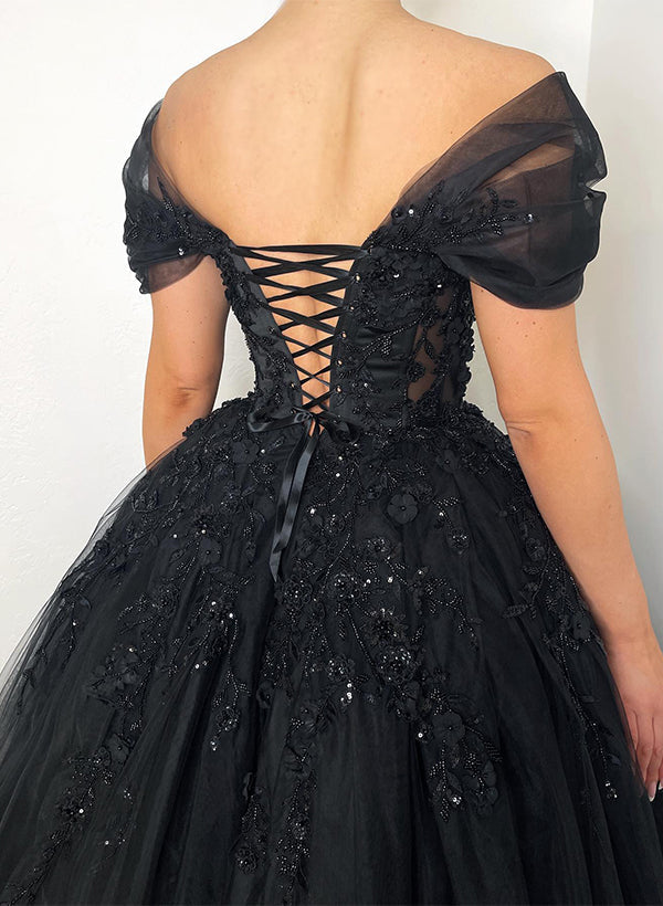 Off-The-Shoulder Chic A-line Wedding Dress Short Sleeves in Lace Tulle-Showprettydress