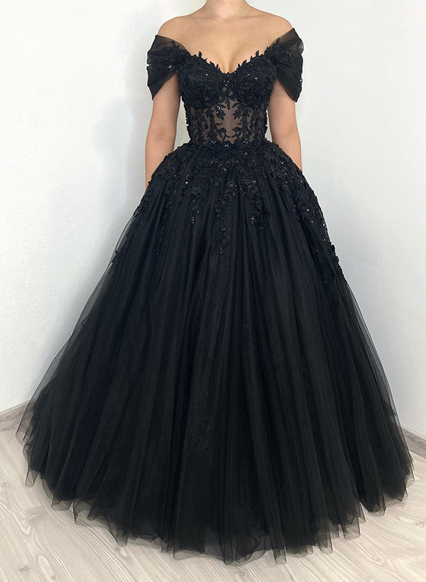 Off-The-Shoulder Chic A-line Wedding Dress Short Sleeves in Lace Tulle-Showprettydress