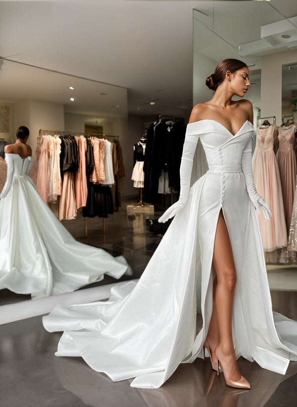 Off-The-Shoulder Court Train Satin Wedding Dresses Detachable Train-Showprettydress