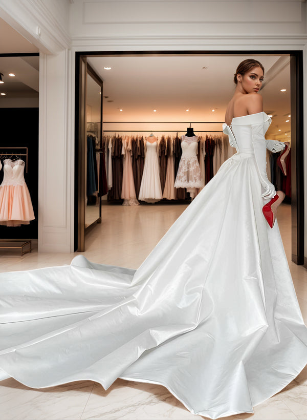 Off-The-Shoulder Court Train Satin Wedding Dresses Detachable Train-Showprettydress