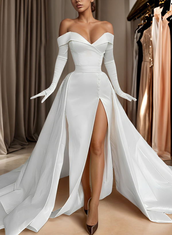 Off-The-Shoulder Court Train Satin Wedding Dresses Detachable Train-Showprettydress