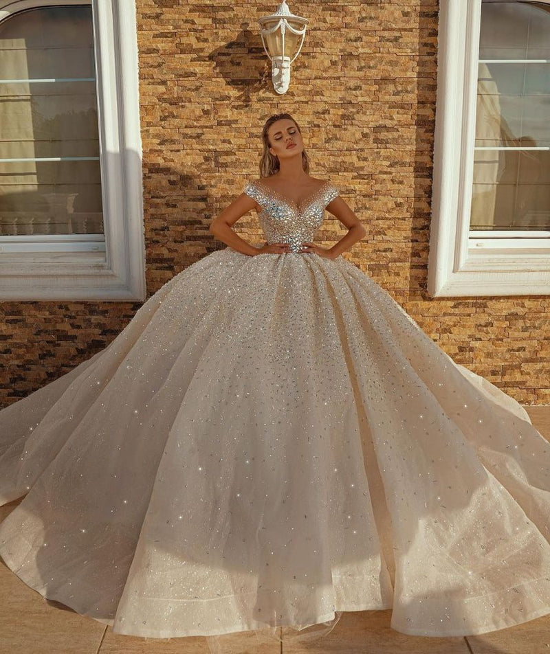 Off the Shoulder Crystal Princess Ball Gown Sequins Bridal Gowns-showprettydress