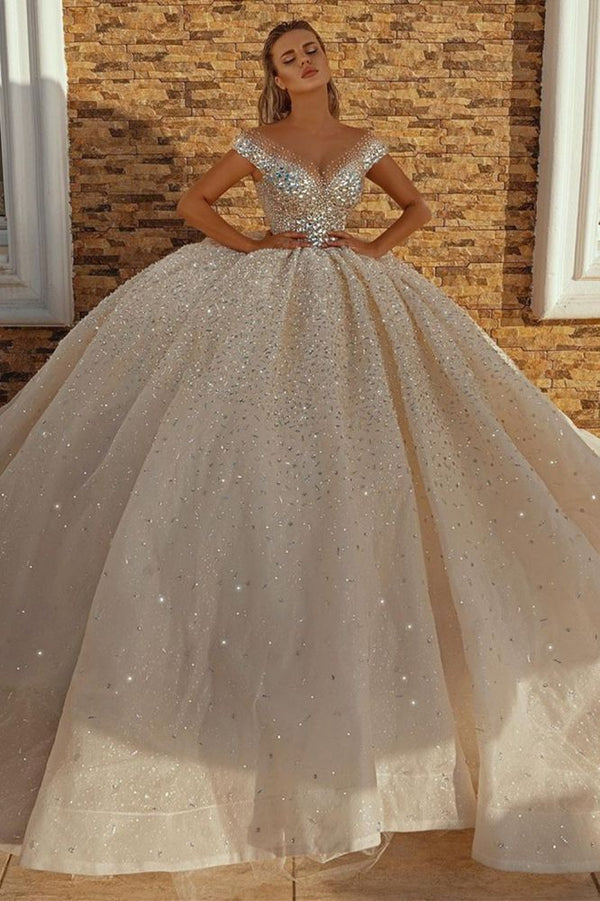 Off the Shoulder Crystal Princess Ball Gown Sequins Bridal Gowns-showprettydress