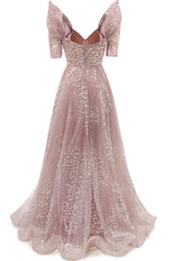 Off the shoulder Dusty Pink A-line Belt Evening Dresses-showprettydress