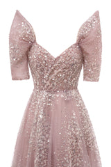 Off the shoulder Dusty Pink A-line Belt Evening Dresses-showprettydress