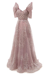 Off the shoulder Dusty Pink A-line Belt Evening Dresses-showprettydress