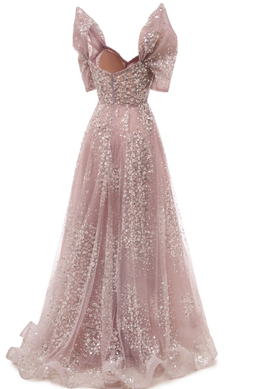 Off the shoulder Dusty Pink A-line Belt Evening Dresses-showprettydress