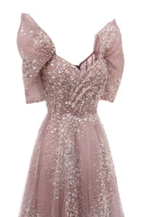 Off the shoulder Dusty Pink A-line Belt Evening Dresses-showprettydress