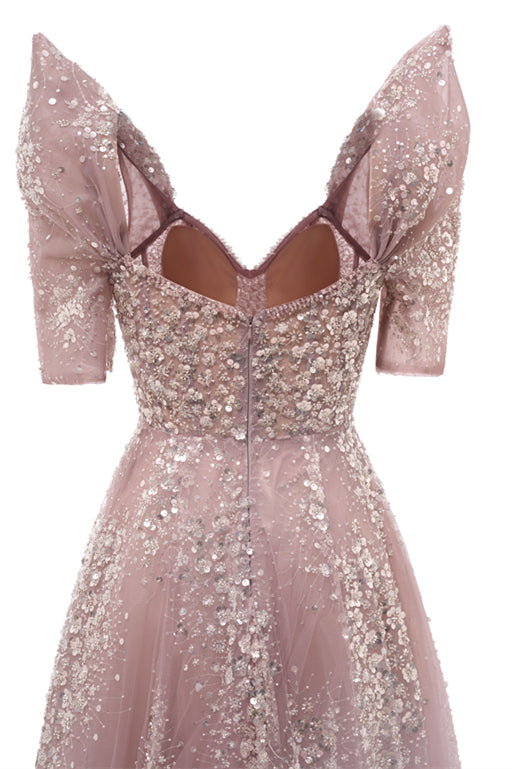 Off the shoulder Dusty Pink A-line Belt Evening Dresses-showprettydress