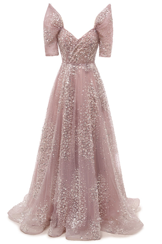 Off the shoulder Dusty Pink A-line Belt Evening Dresses-showprettydress