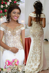 Off the shoulder Golden Lace appliques Backless Wedding Dress-showprettydress