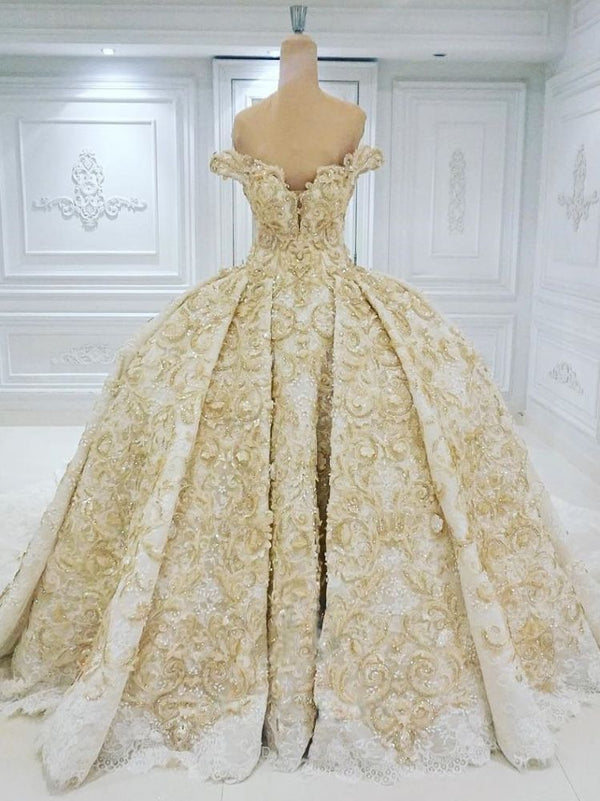 Off the shoulder Golden Lace Appliques Formal Ball Gown Wedding Dress-showprettydress