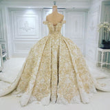 Off the shoulder Golden Lace Appliques Formal Ball Gown Wedding Dress-showprettydress