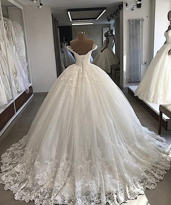Off the shoulder Lace Ball Gowns Tulle Formal Bridal Gowns-showprettydress