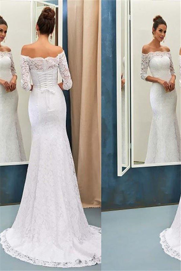 Off the Shoulder Lace Mermaid Long Sleevess Sweep Train Wedding Dresses-showprettydress