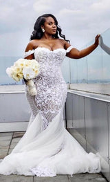 Off the shoulder Lace Mermaid Plus Size Wedding Dresses-showprettydress