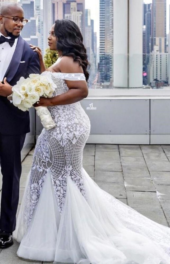 Off the shoulder Lace Mermaid Plus Size Wedding Dresses-showprettydress