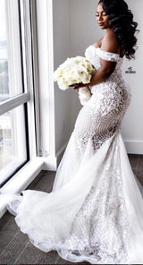 Off the shoulder Lace Mermaid Plus Size Wedding Dresses-showprettydress