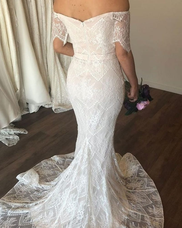 Off The Shoulder Lace mermaid Wedding Dresses Floor Length Bridal Gowns-showprettydress