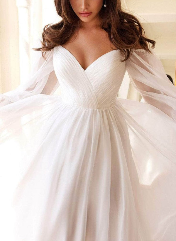 Off-the-Shoulder Long Sleeves Chiffon Floor-Length Wedding Dress-Showprettydress