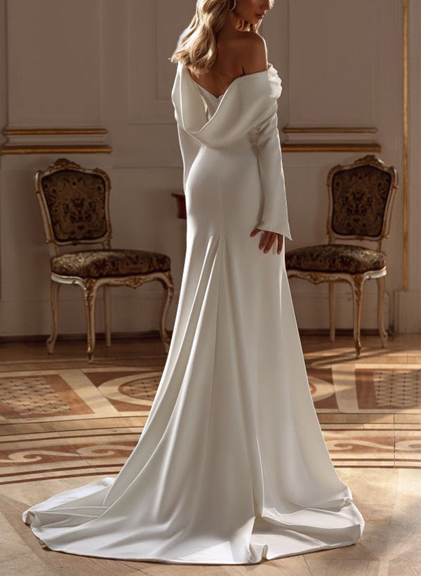 Off-The-Shoulder Long Sleeves Elastic Satin Wedding Dress-Showprettydress