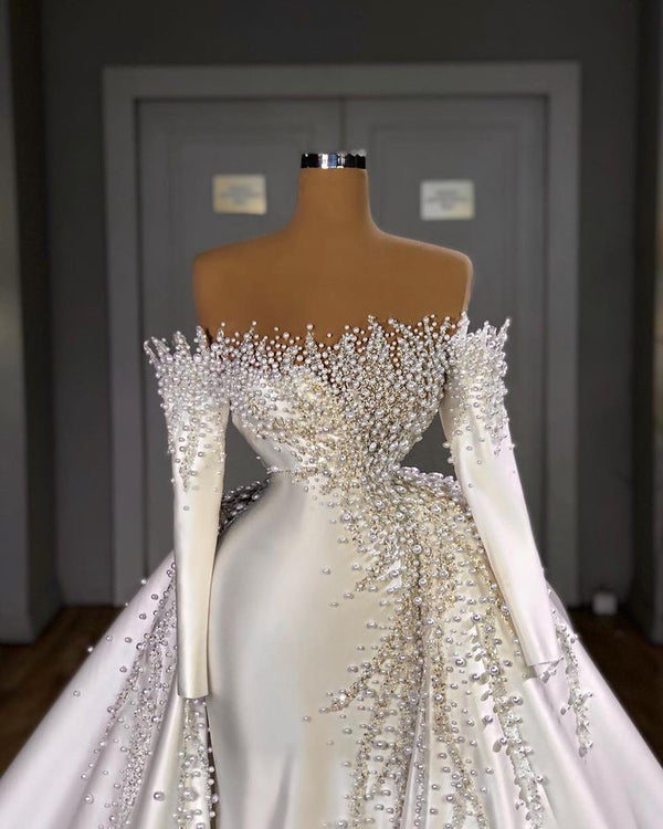 Off-the-Shoulder Long Sleeves Mermaid Wedding Dress Pearls With Detachable Train-showprettydress