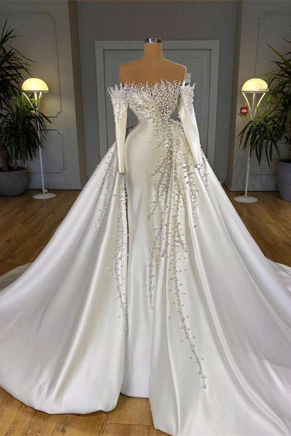 Off-the-Shoulder Long Sleeves Mermaid Wedding Dress Pearls With Detachable Train-showprettydress