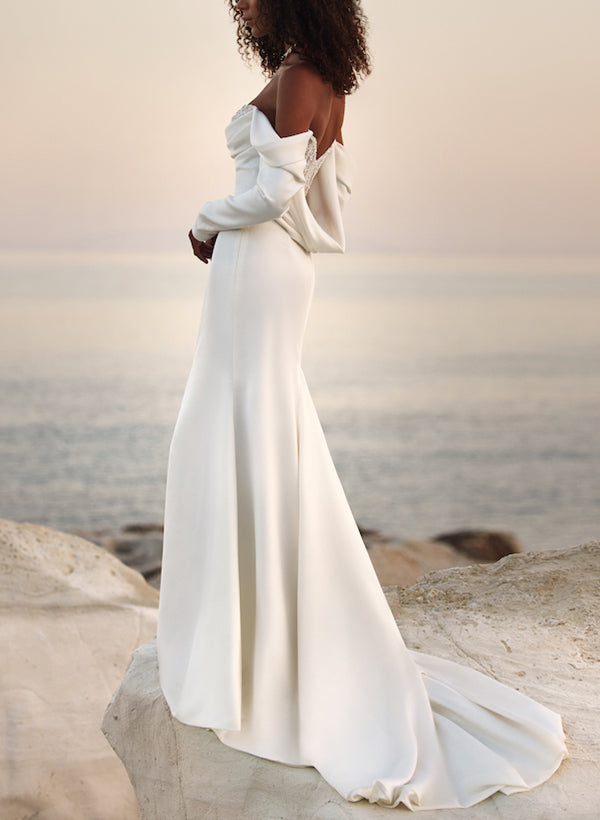Off-The-Shoulder Long Sleeves Satin Wedding Dresses Sequins-Showprettydress