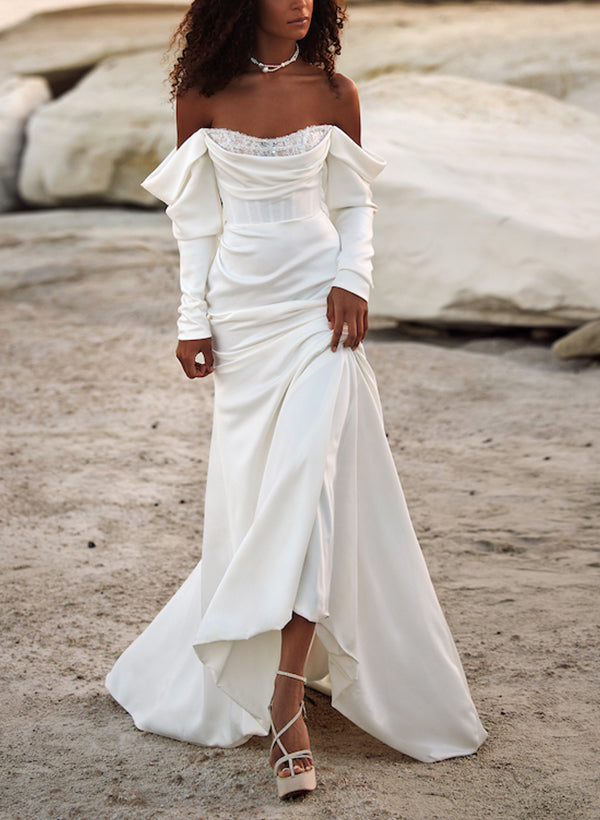 Off-The-Shoulder Long Sleeves Satin Wedding Dresses Sequins-Showprettydress