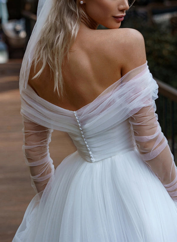 Off-The-Shoulder Long Sleeves Sweep Train Tulle Wedding Dresses-Showprettydress