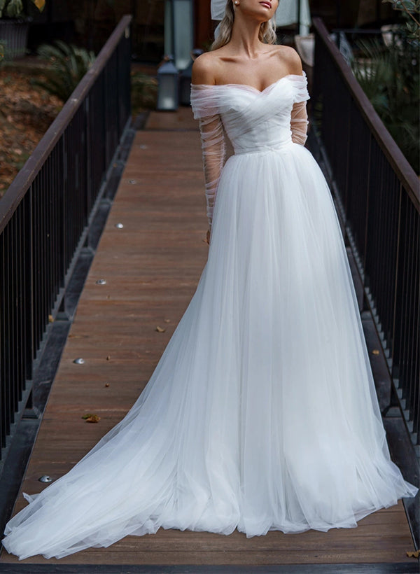 Off-The-Shoulder Long Sleeves Sweep Train Tulle Wedding Dresses-Showprettydress