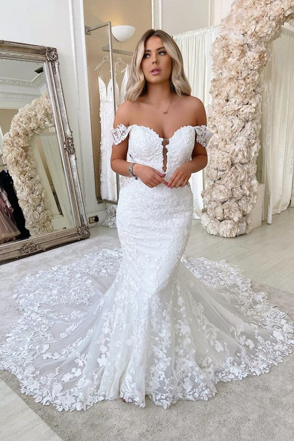 Off The Shoulder Mermaid Appliques Wedding Dresses Lace Backless Bridal Gowns-showprettydress