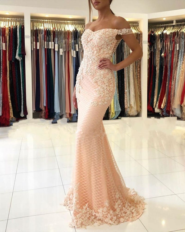 Off-the-shoulder Pink Lace Appliques Mermaid Evening Dress-showprettydress