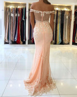Off-the-shoulder Pink Lace Appliques Mermaid Evening Dress-showprettydress