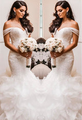 Off The Shoulder Puffy Ruffless Wedding Dresses Sheath Tulle Modern Lace Bridal Gowns-showprettydress