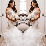 Off The Shoulder Puffy Ruffless Wedding Dresses Sheath Tulle Modern Lace Bridal Gowns-showprettydress