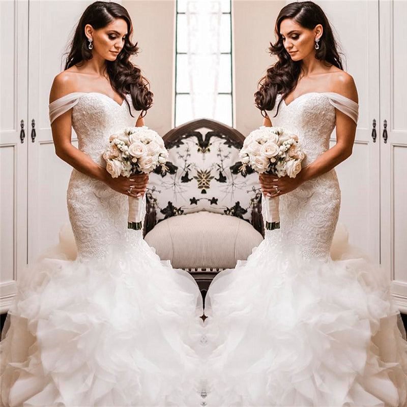 Off The Shoulder Puffy Ruffless Wedding Dresses Sheath Tulle Modern Lace Bridal Gowns-showprettydress